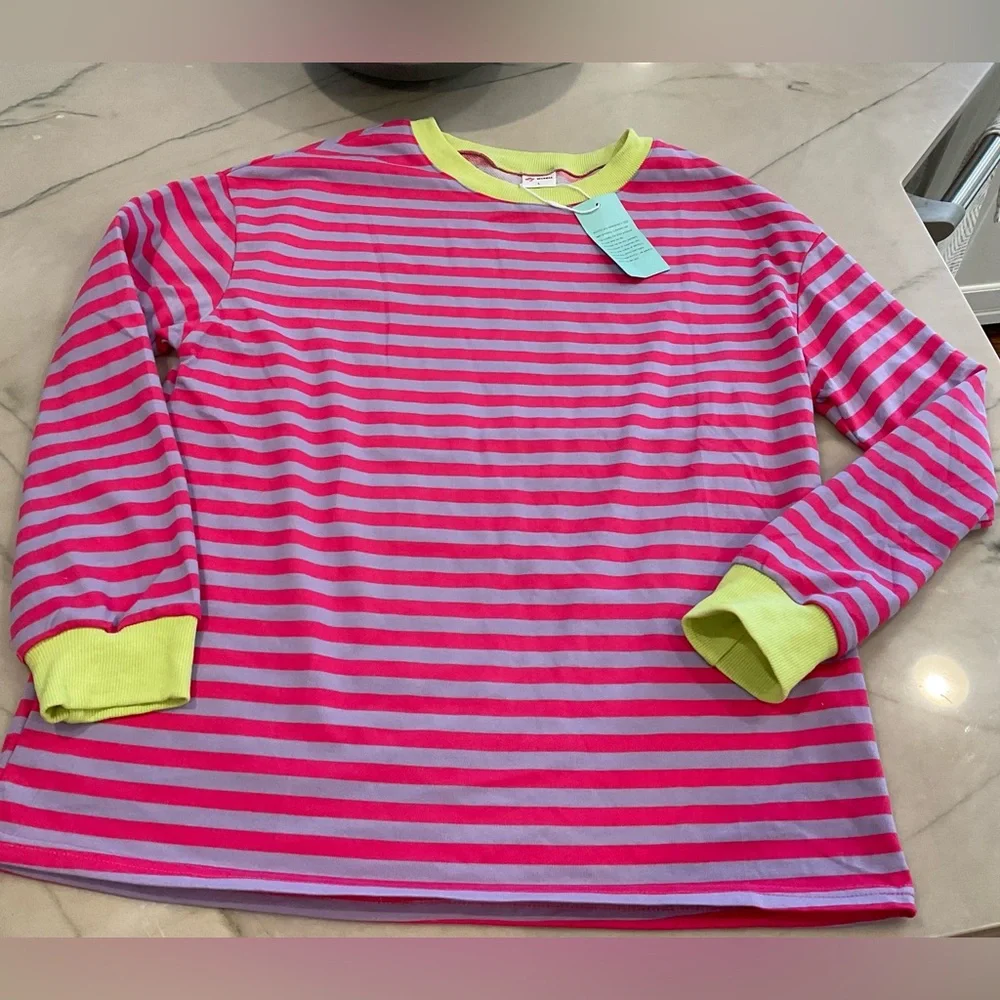 Wiholl Contrast Striped Crew T shirt for Women Sz L NWT - Picture 2 of 5